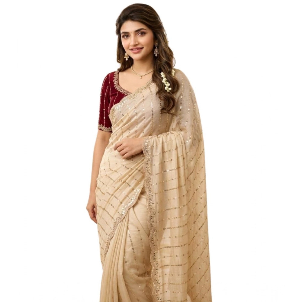 Generic Women's Star Georgette Embroidered Saree With Unstitched Blouse 5.5Mtr (Beige)