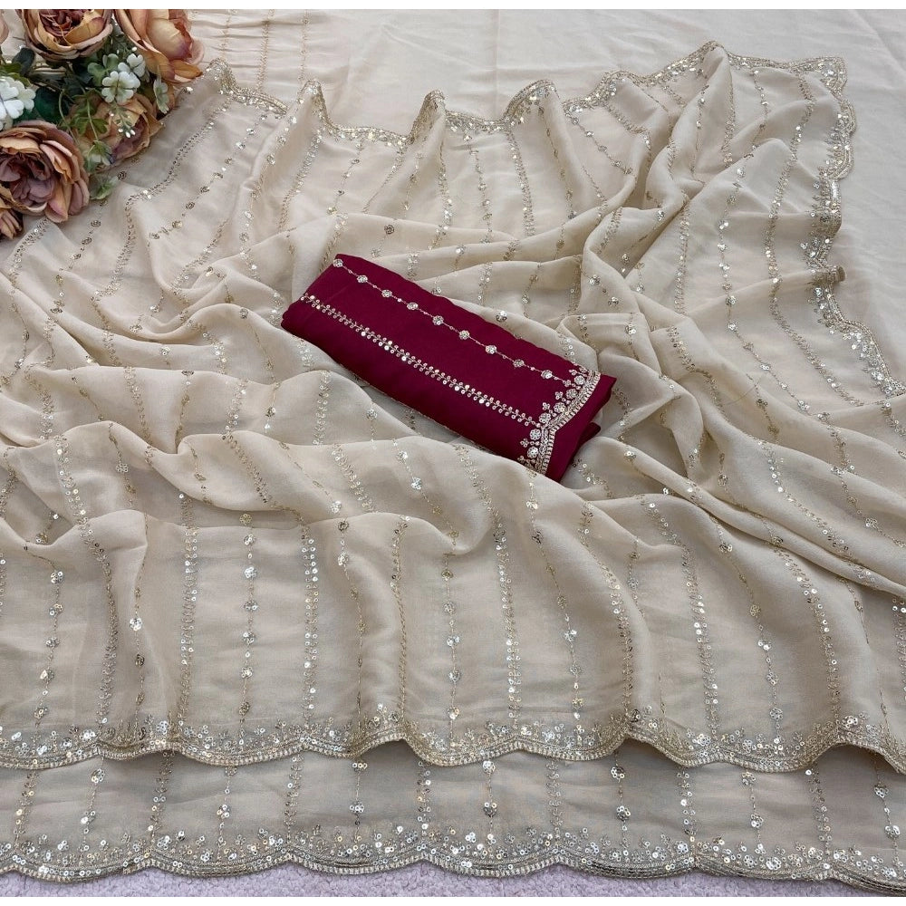 Generic Women's Star Georgette Embroidered Saree With Unstitched Blouse 5.5Mtr (Beige)