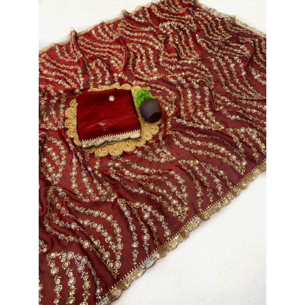 Generic Women's Satin Embellished Saree With Unstitched Blouse 5.5Mtr (Maroon)