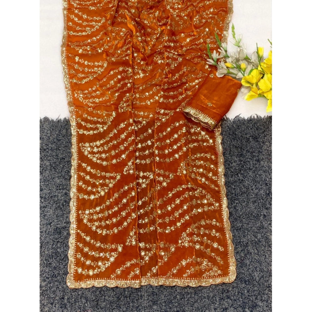 Generic Women's Satin Embellished Saree With Unstitched Blouse 5.5Mtr (Orange)