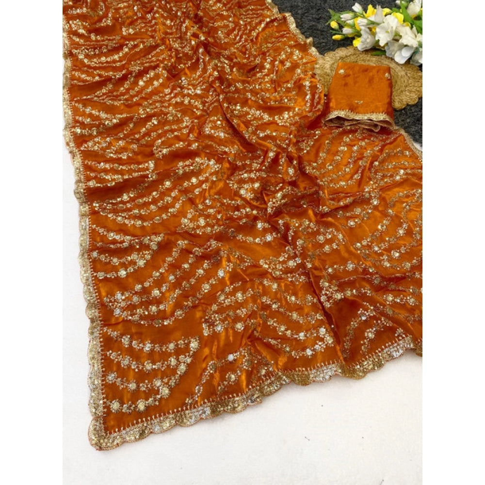 Generic Women's Satin Embellished Saree With Unstitched Blouse 5.5Mtr (Orange)