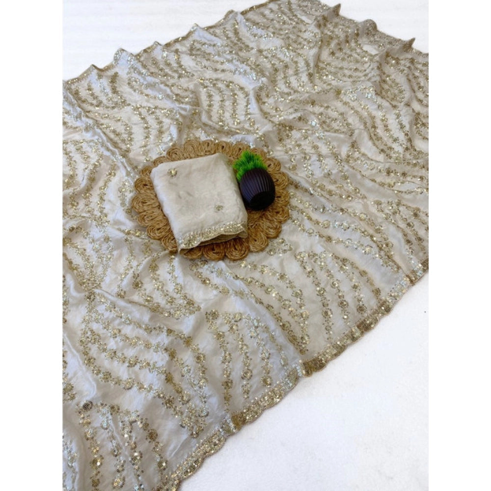 Generic Women's Satin Embellished Saree With Unstitched Blouse 5.5Mtr (Cream)