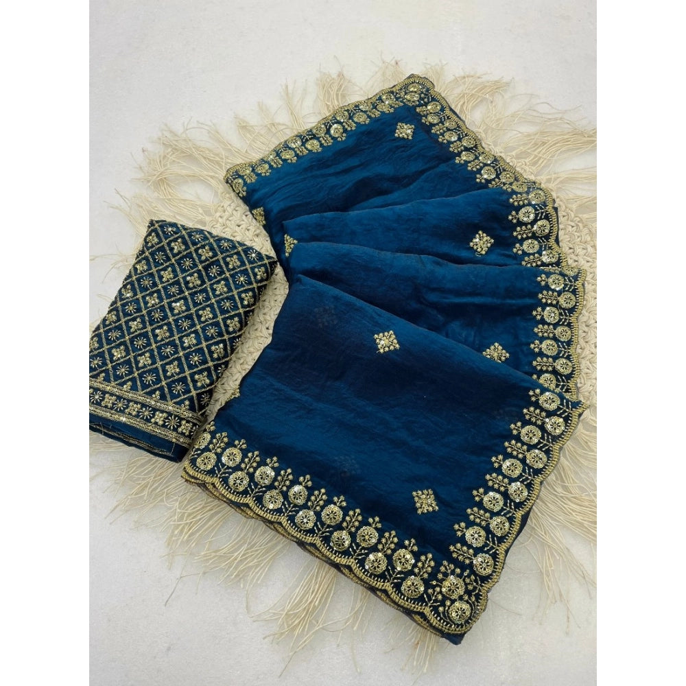 Generic Women's Satin Embellished Saree With Unstitched Blouse 5.5Mtr (Teal)