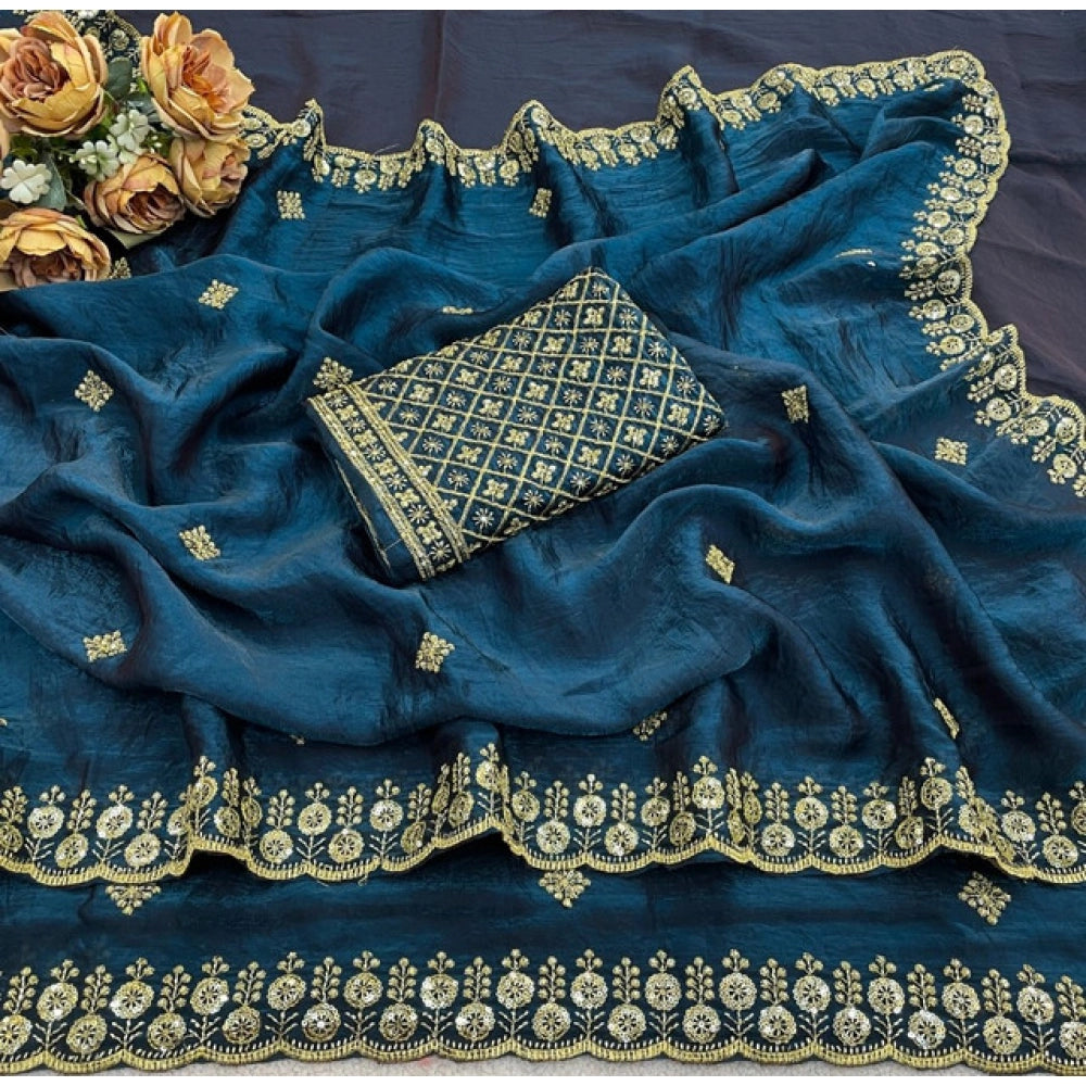 Generic Women's Satin Embellished Saree With Unstitched Blouse 5.5Mtr (Teal)