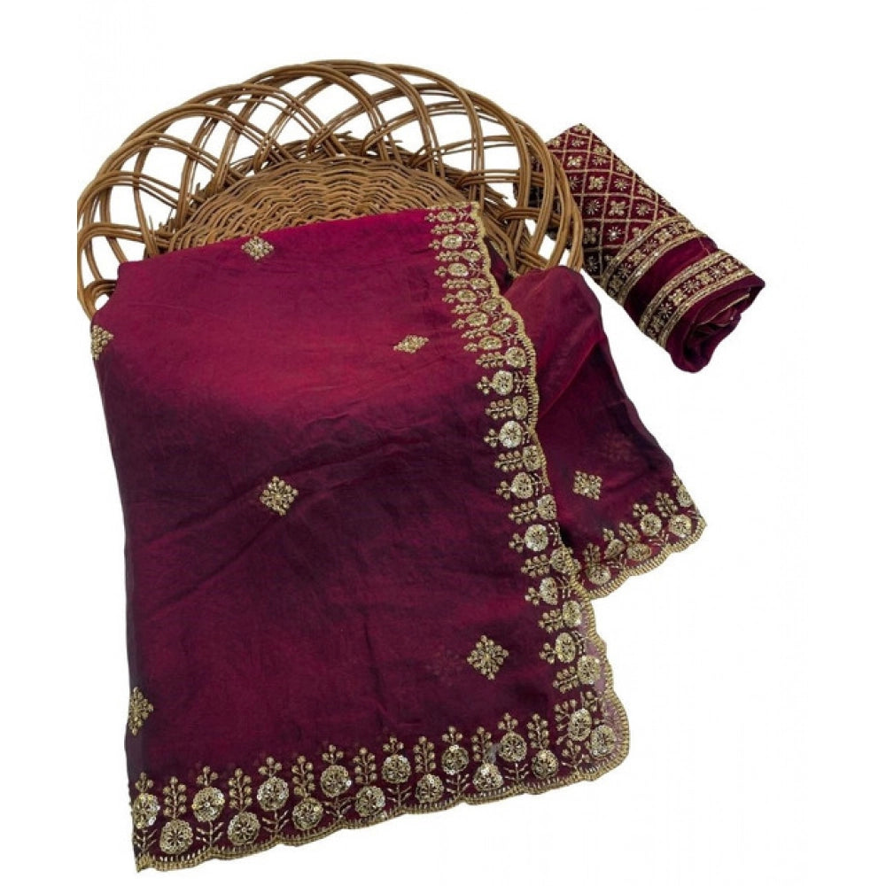 Generic Women's Satin Embellished Saree With Unstitched Blouse 5.5Mtr (Maroon)