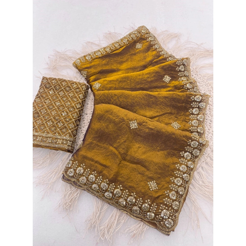 Generic Women's Satin Embellished Saree With Unstitched Blouse 5.5Mtr (Mustard)