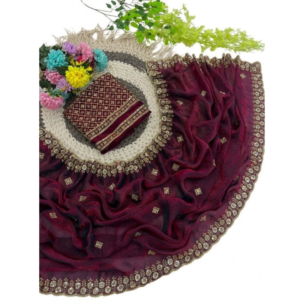 Generic Women's Satin Embellished Saree With Unstitched Blouse 5.5Mtr (Wine-Toned)