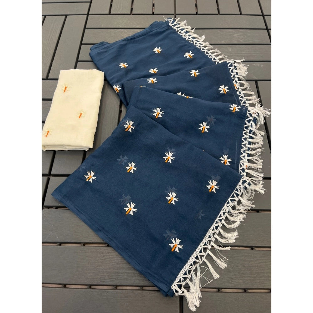 Generic Women's Georgette Embellished Saree With Unstitched Blouse 5.5Mtr (Navy)
