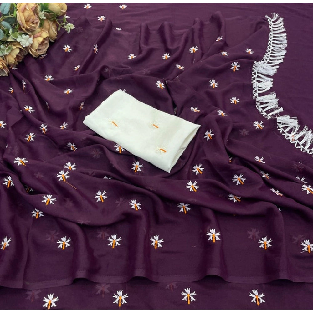 Generic Women's Georgette Embellished Saree With Unstitched Blouse 5.5Mtr (Wine)