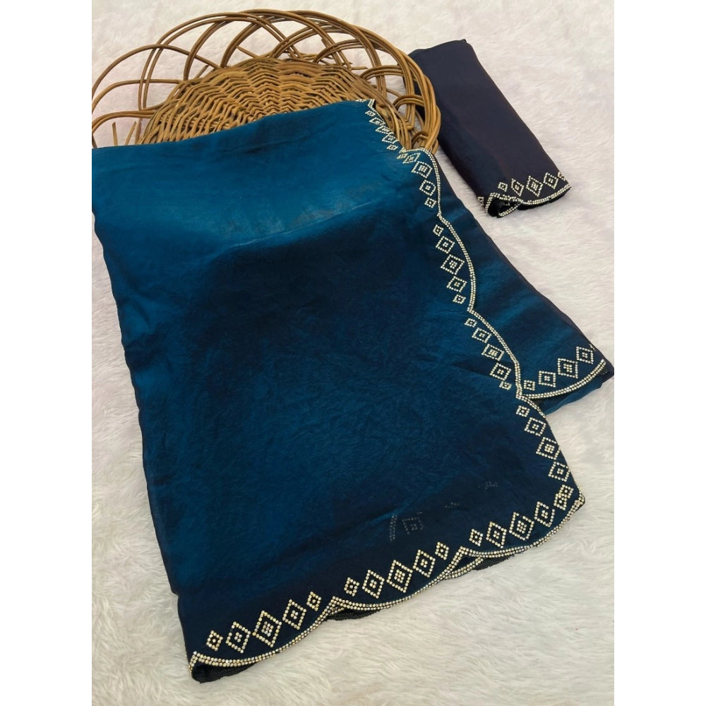 Generic Women's Satin Embellished Saree With Unstitched Blouse 5.5Mtr (Navy)