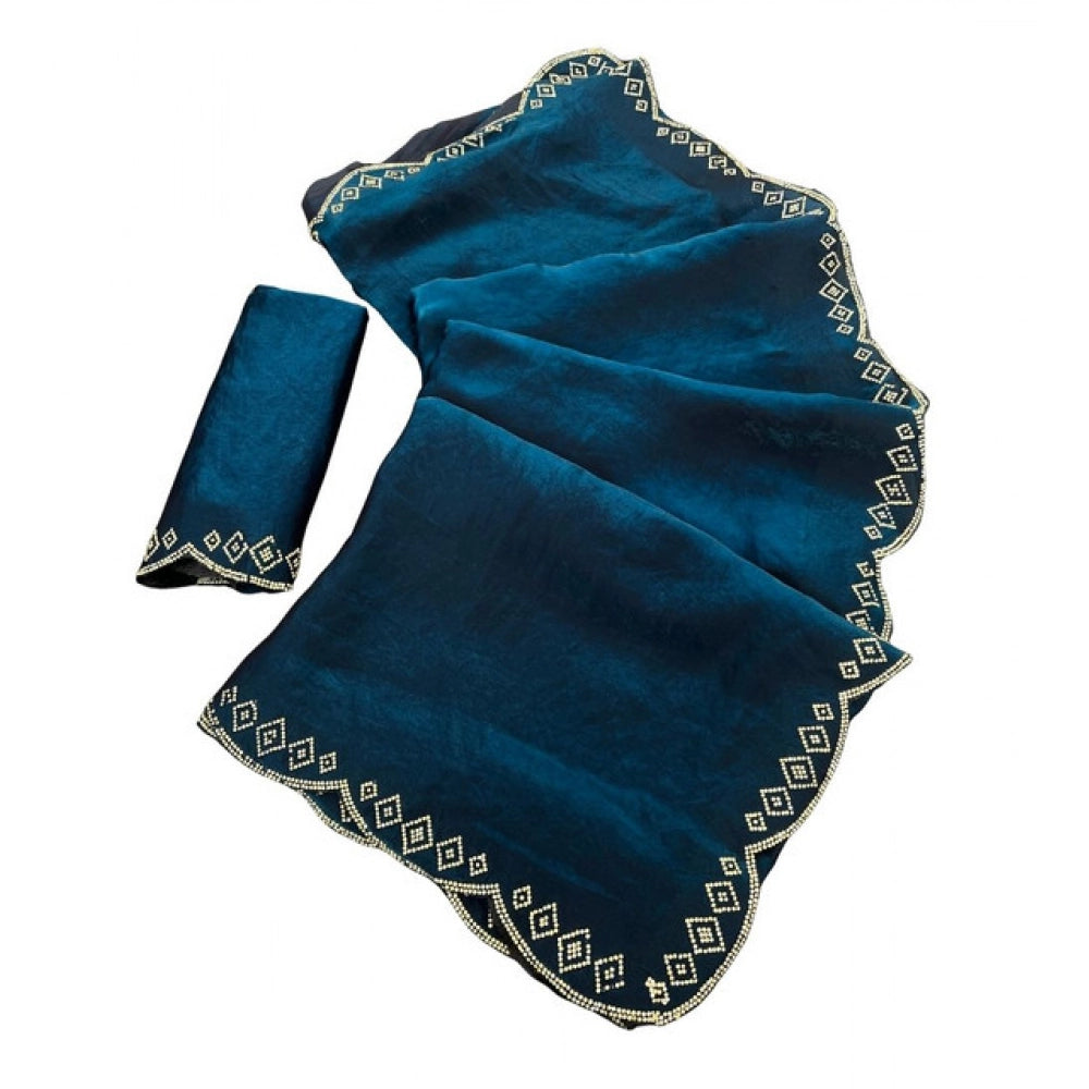 Generic Women's Satin Embellished Saree With Unstitched Blouse 5.5Mtr (Navy)