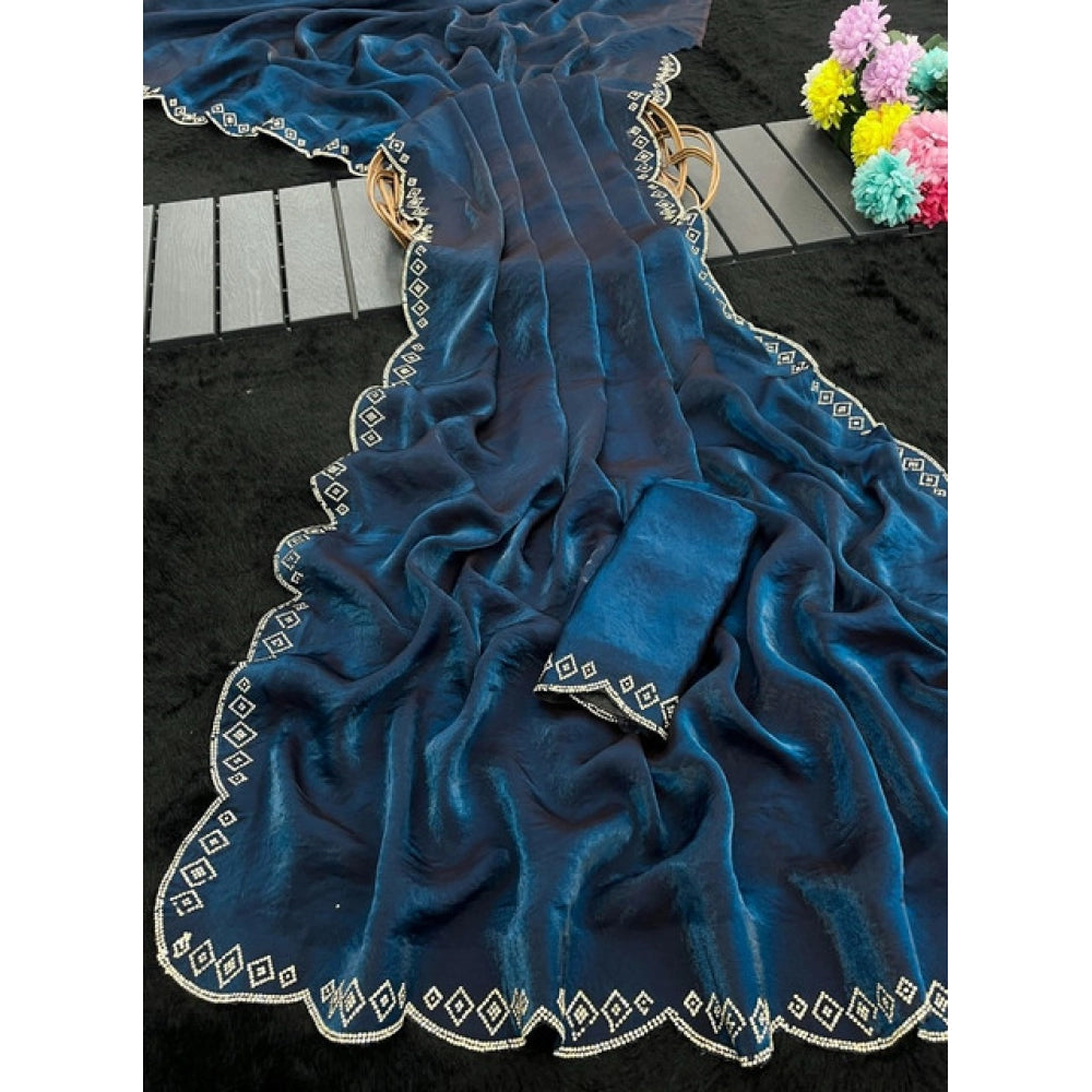 Generic Women's Satin Embellished Saree With Unstitched Blouse 5.5Mtr (Navy)