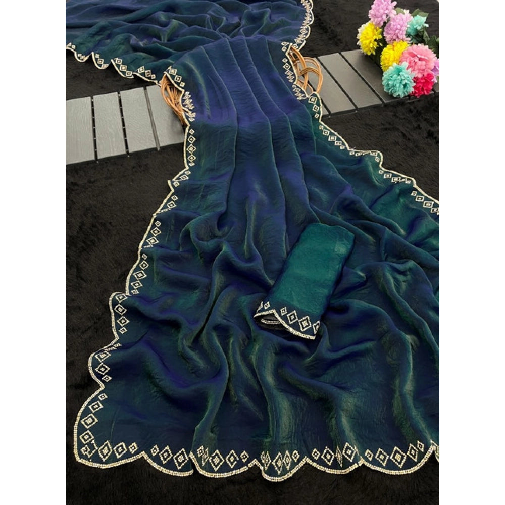 Generic Women's Satin Embellished Saree With Unstitched Blouse 5.5Mtr (Bottle Green)