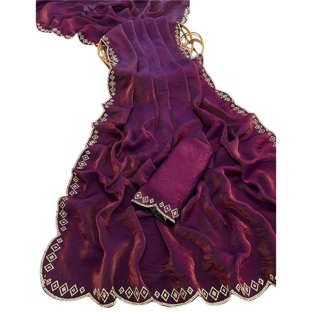 Generic Women's Satin Embellished Saree With Unstitched Blouse 5.5Mtr (Wine)