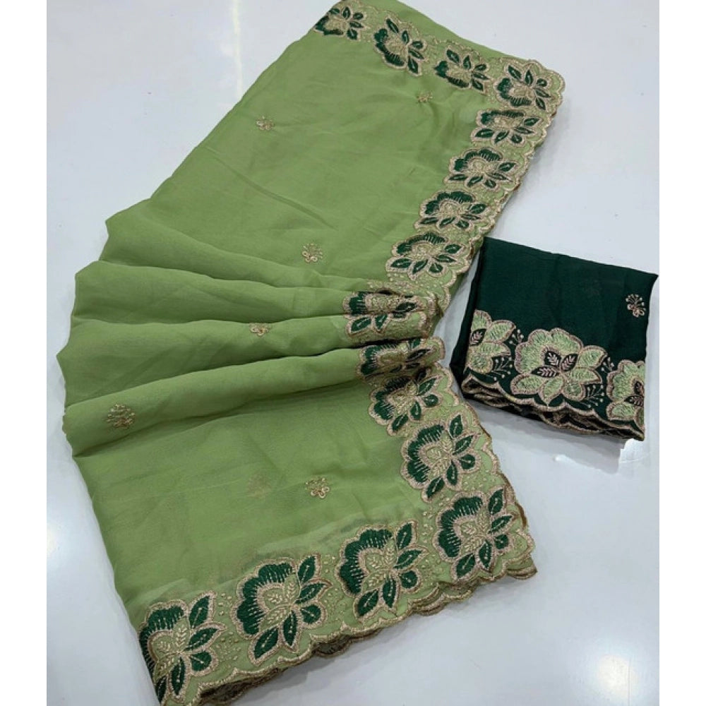 Generic Women's Star Georgette Embroidered Saree With Unstitched Blouse 5.5Mtr (Green)