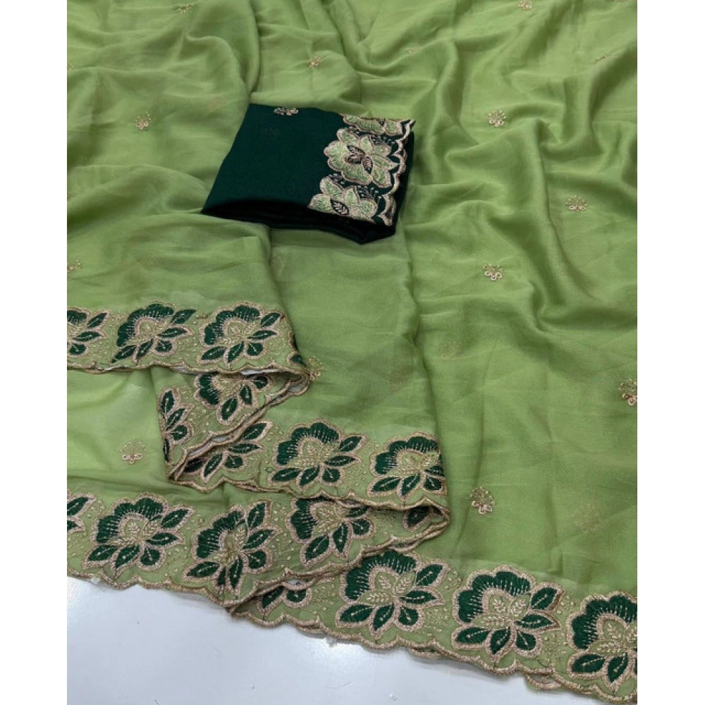Generic Women's Star Georgette Embroidered Saree With Unstitched Blouse 5.5Mtr (Green)