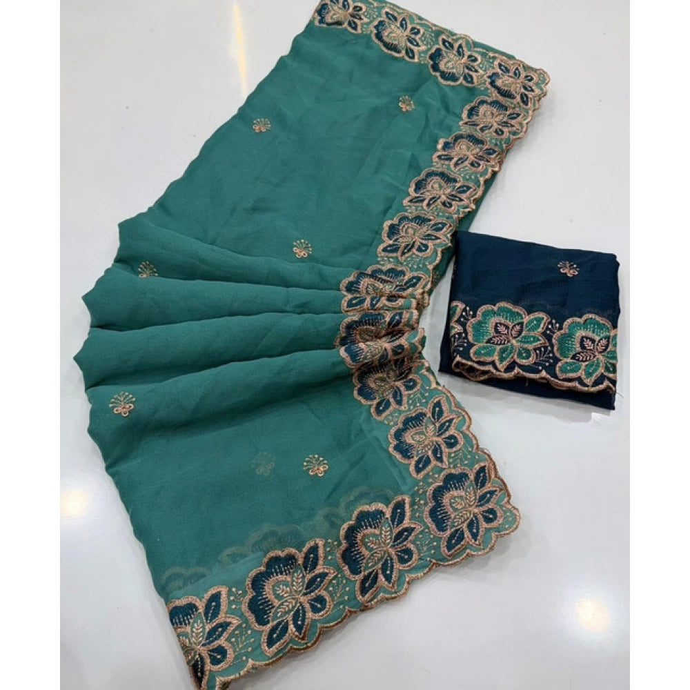 Generic Women's Star Georgette Embroidered Saree With Unstitched Blouse 5.5Mtr (Sea Green)