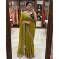 Generic Women's Star Georgette Embroidered Saree With Unstitched Blouse 5.5Mtr (Olive Green)