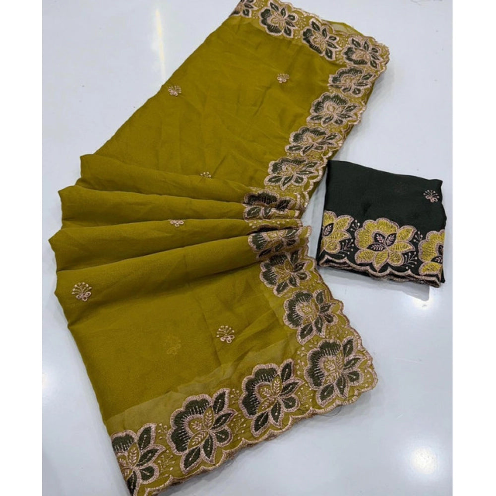 Generic Women's Star Georgette Embroidered Saree With Unstitched Blouse 5.5Mtr (Olive Green)
