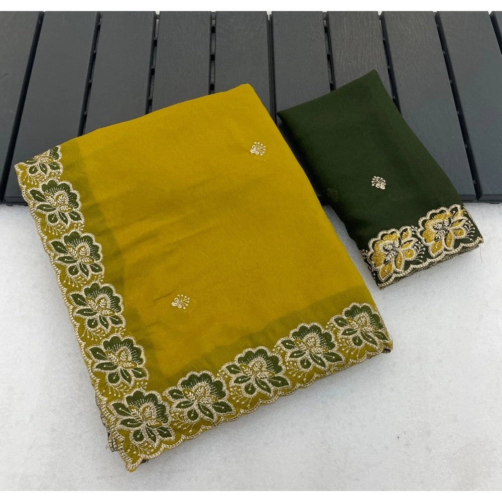 Generic Women's Star Georgette Embroidered Saree With Unstitched Blouse 5.5Mtr (Olive Green)