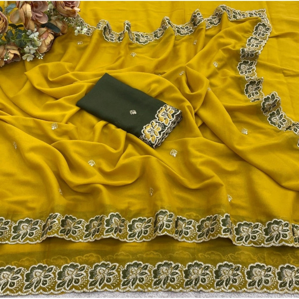 Generic Women's Star Georgette Embroidered Saree With Unstitched Blouse 5.5Mtr (Olive Green)