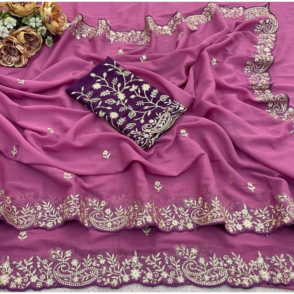 Generic Women's Star Georgette Embroidered Saree With Unstitched Blouse 5.5Mtr (Pink)