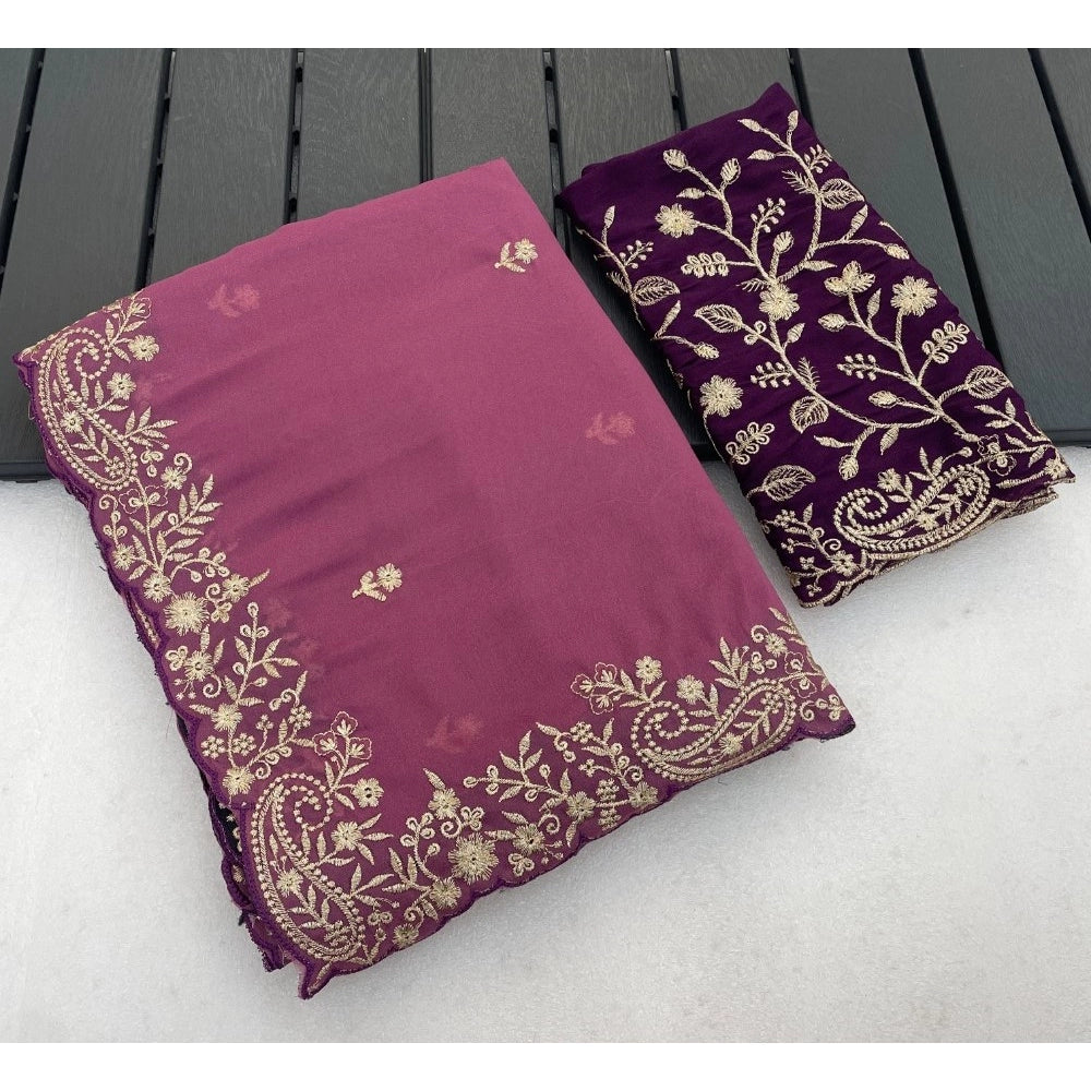 Generic Women's Star Georgette Embroidered Saree With Unstitched Blouse 5.5Mtr (Pink)