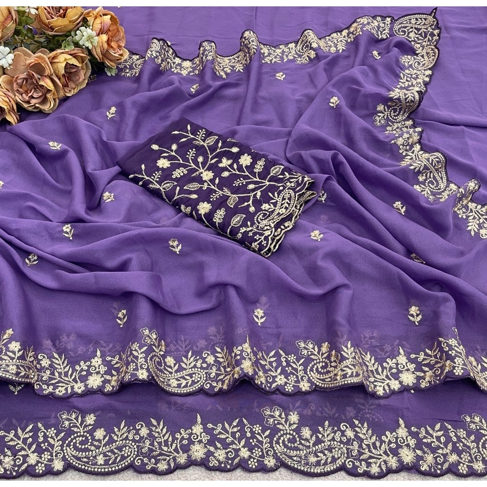 Generic Women's Star Georgette Embroidered Saree With Unstitched Blouse 5.5Mtr (Purple)