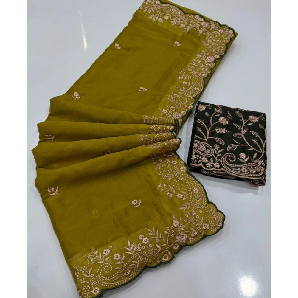 Generic Women's Star Georgette Embroidered Saree With Unstitched Blouse 5.5Mtr (Mustard Yellow)