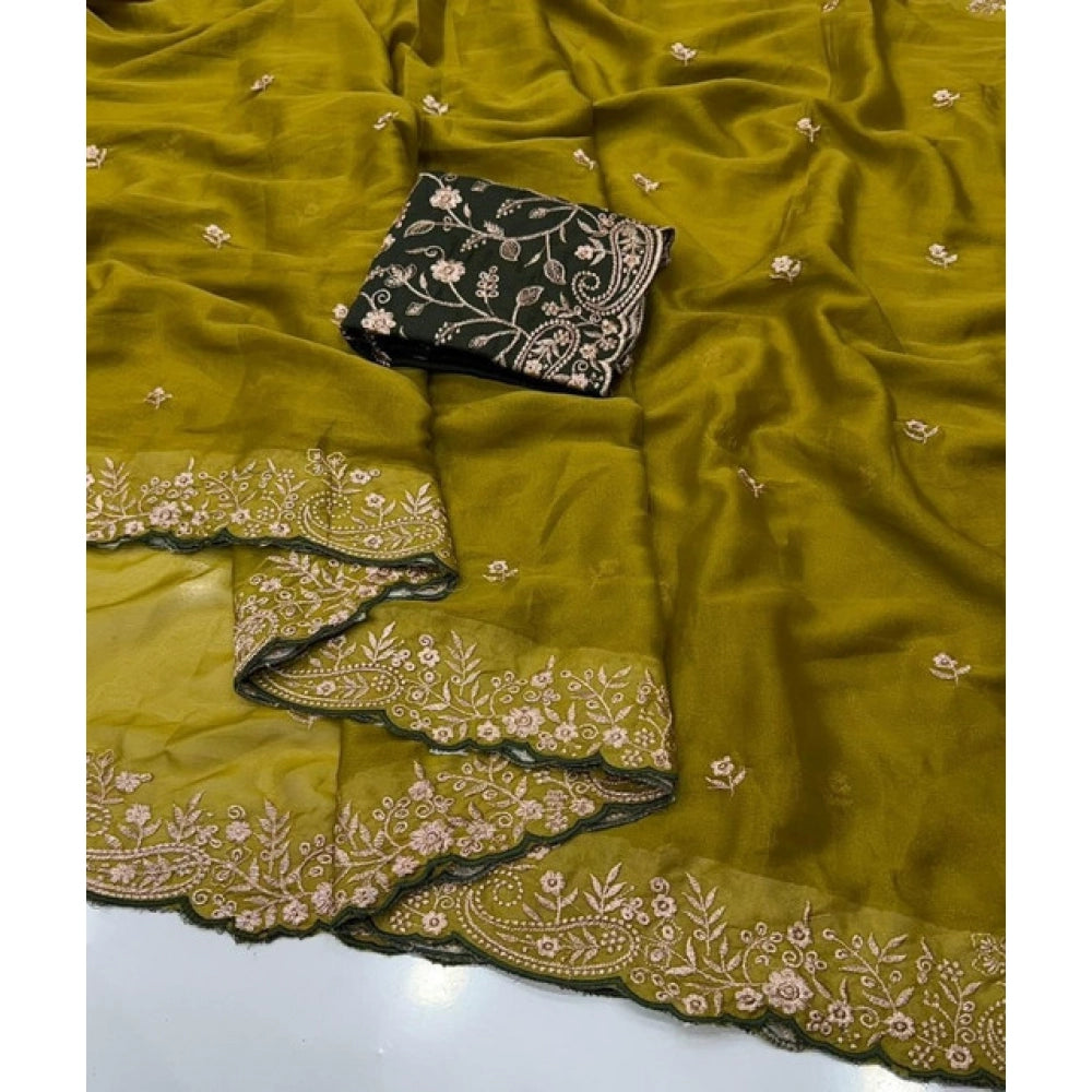 Generic Women's Star Georgette Embroidered Saree With Unstitched Blouse 5.5Mtr (Mustard Yellow)