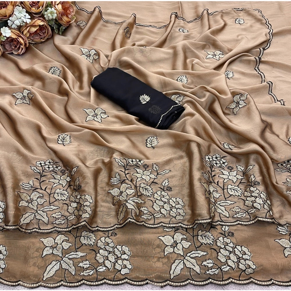 Generic Women's Viscose Silk Embroidered Saree With Unstitched Blouse 5.5Mtr (Gold)