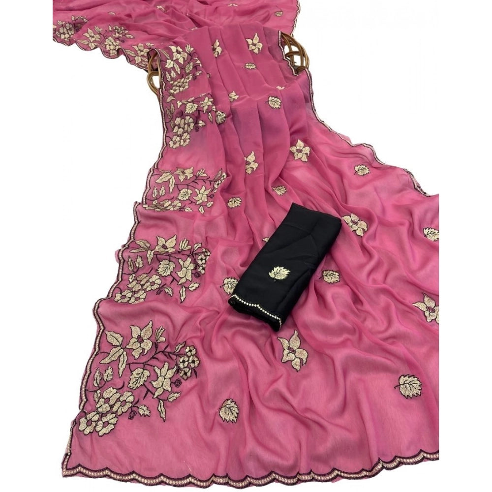 Generic Women's Viscose Silk Embroidered Saree With Unstitched Blouse 5.5Mtr (Pink)