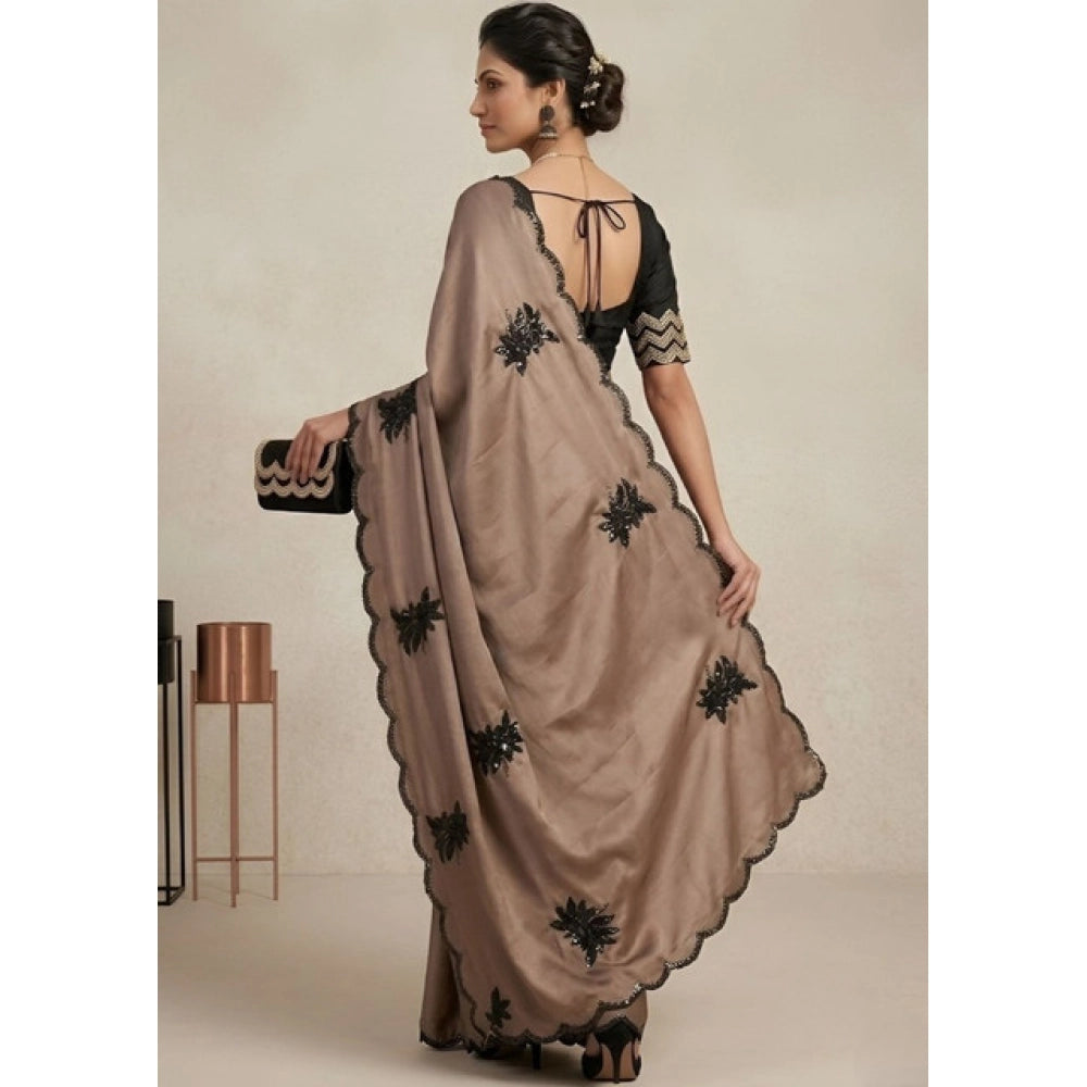 Generic Women's Viscose Silk Embroidered Saree With Unstitched Blouse 5.5Mtr (Beige)
