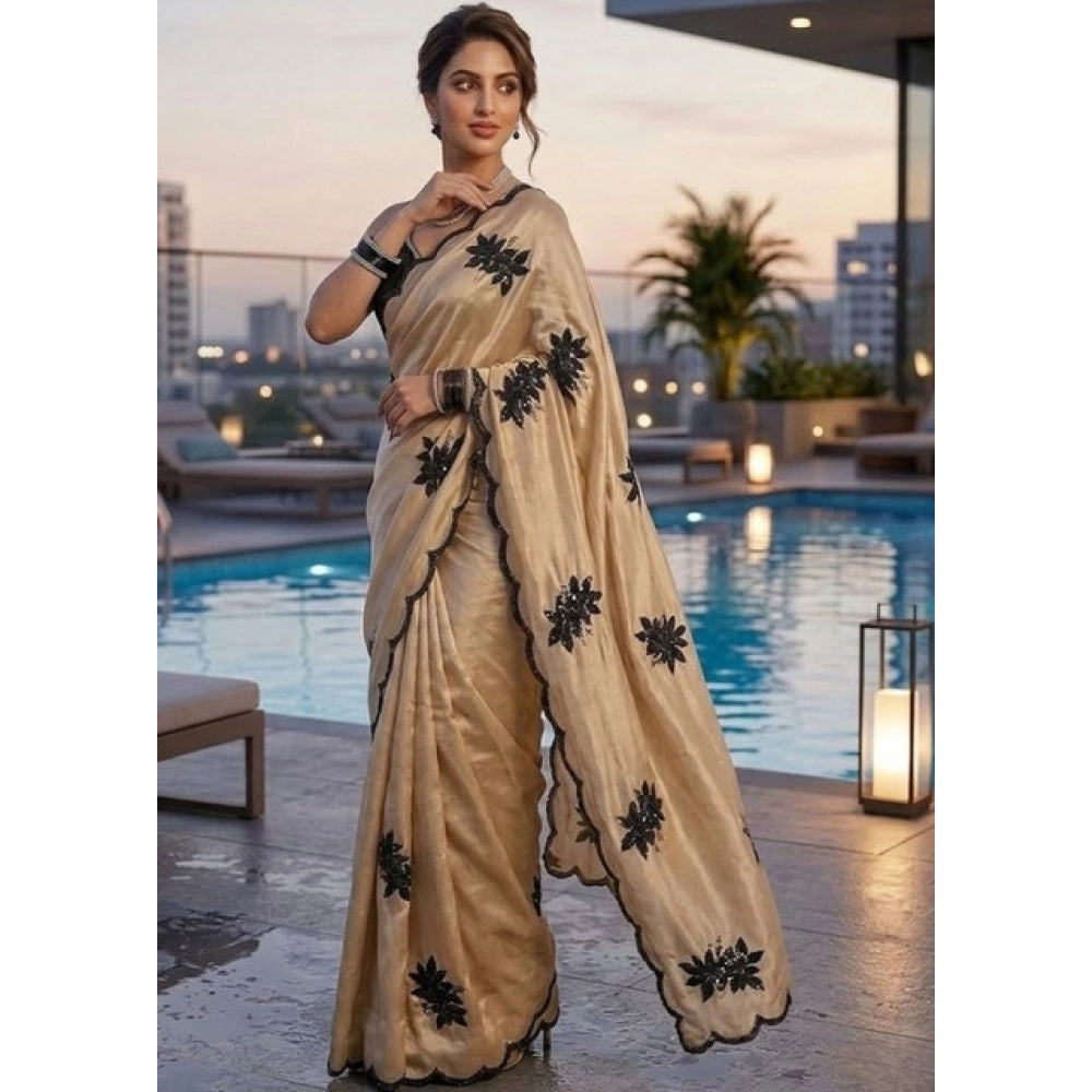Generic Women's Viscose Silk Embroidered Saree With Unstitched Blouse 5.5Mtr (Beige)