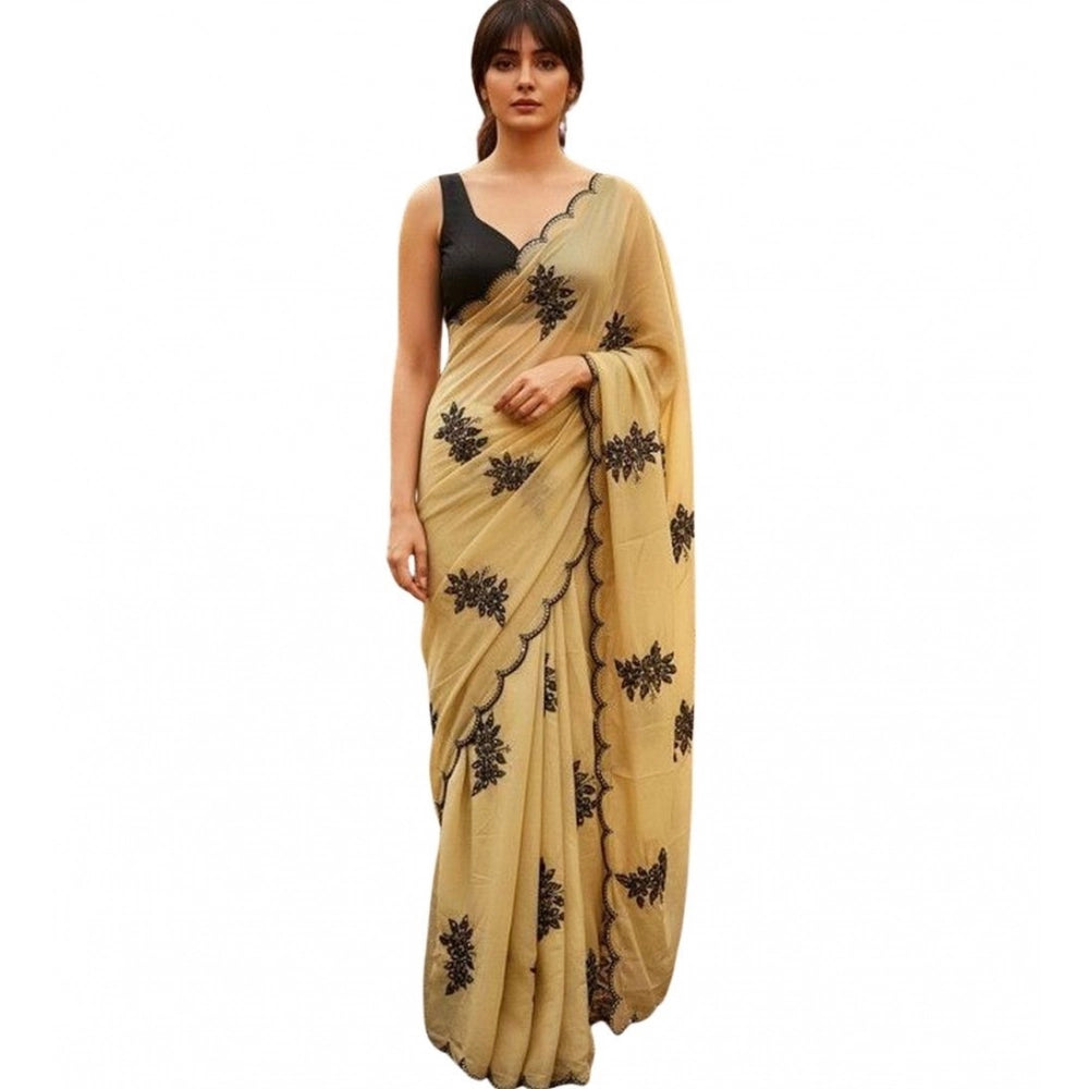 Generic Women's Viscose Silk Embroidered Saree With Unstitched Blouse 5.5Mtr (Beige)
