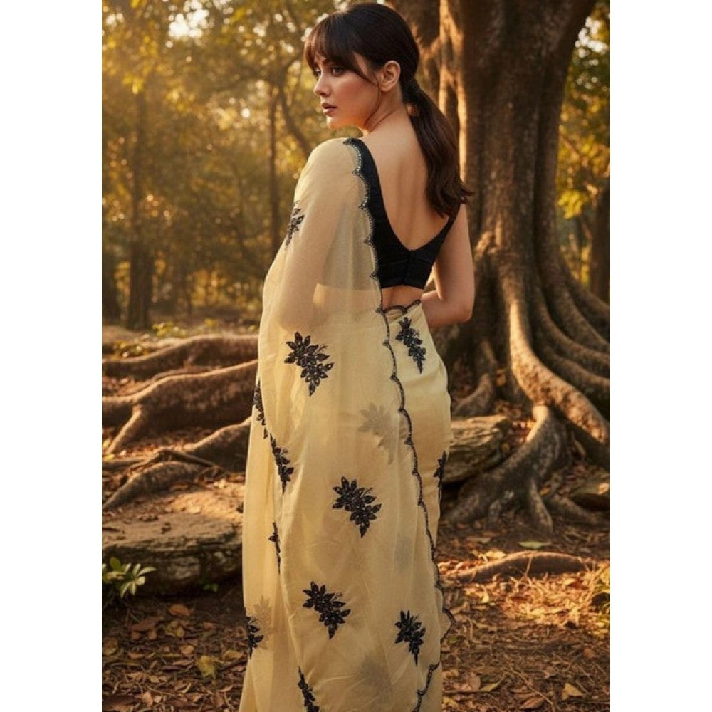 Generic Women's Viscose Silk Embroidered Saree With Unstitched Blouse 5.5Mtr (Beige)