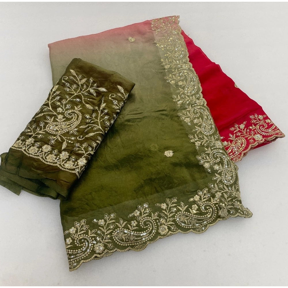 Generic Women's Satin Embellished Saree With Unstitched Blouse 5.5Mtr (Multicolor)