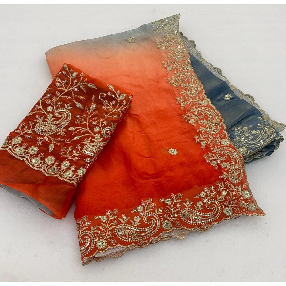 Generic Women's Satin Embellished Saree With Unstitched Blouse 5.5Mtr (Multicolor)