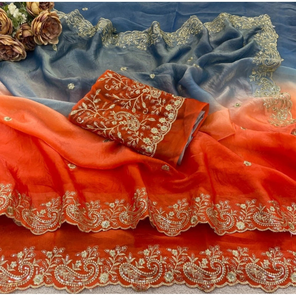 Generic Women's Satin Embellished Saree With Unstitched Blouse 5.5Mtr (Multicolor)