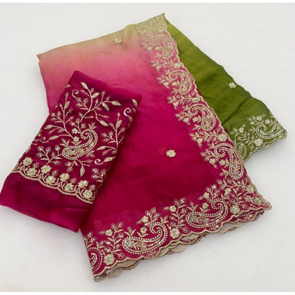 Generic Women's Satin Embellished Saree With Unstitched Blouse 5.5Mtr (Multicolor)