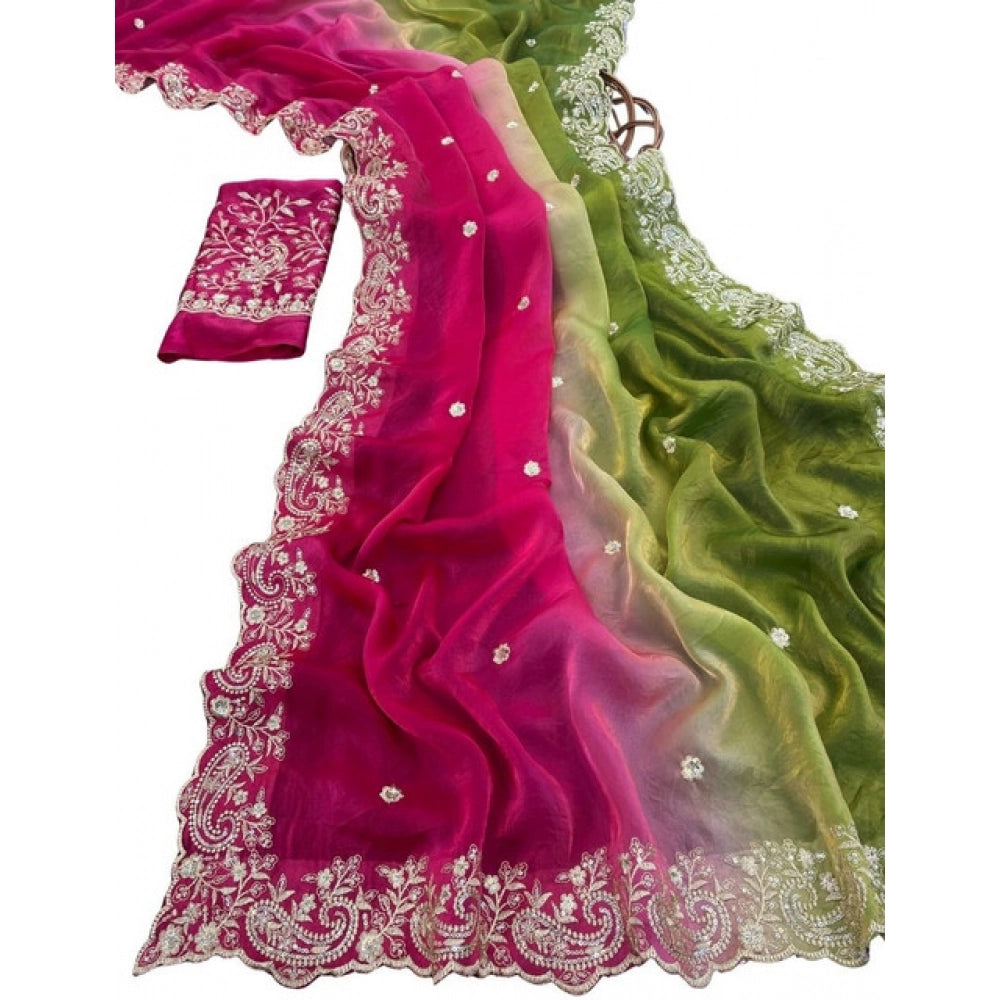 Generic Women's Satin Embellished Saree With Unstitched Blouse 5.5Mtr (Multicolor)