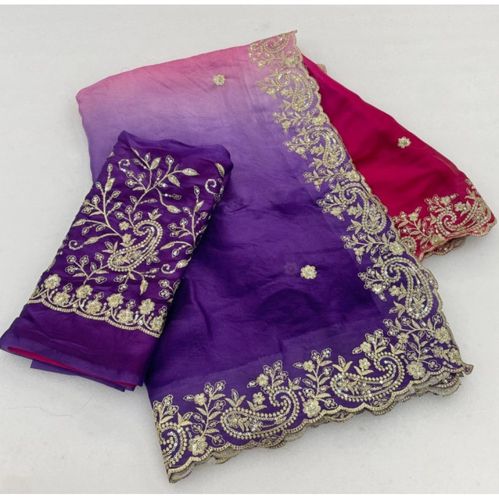 Generic Women's Satin Embellished Saree With Unstitched Blouse 5.5Mtr (Multicolor)
