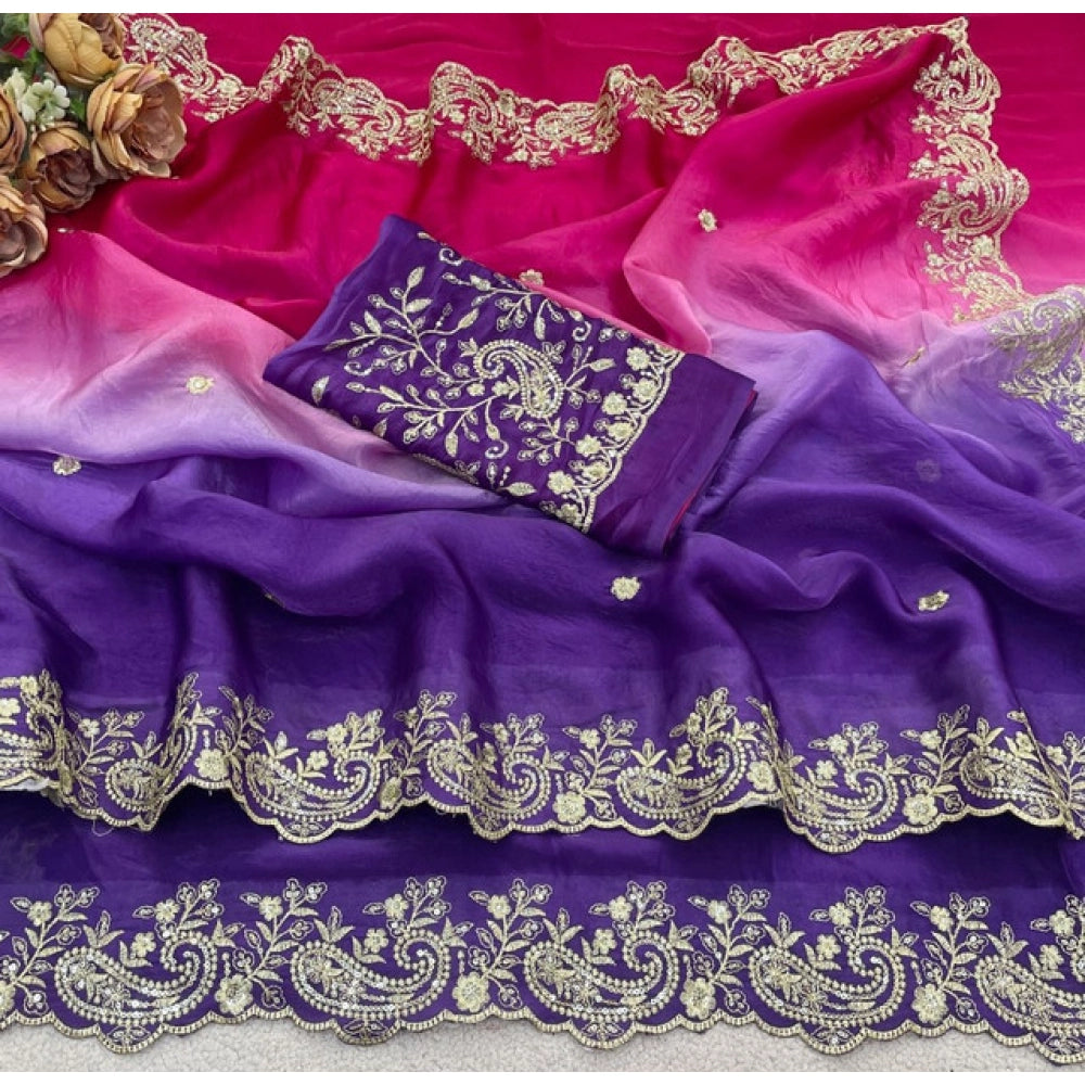 Generic Women's Satin Embellished Saree With Unstitched Blouse 5.5Mtr (Multicolor)