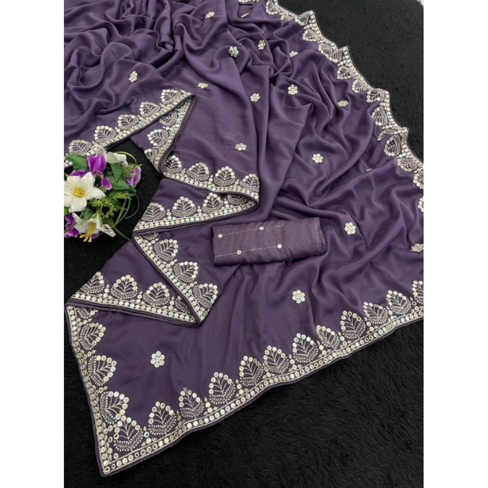 Generic Women's Georgette Embellished Saree With Unstitched Blouse 5.5Mtr (Levander)