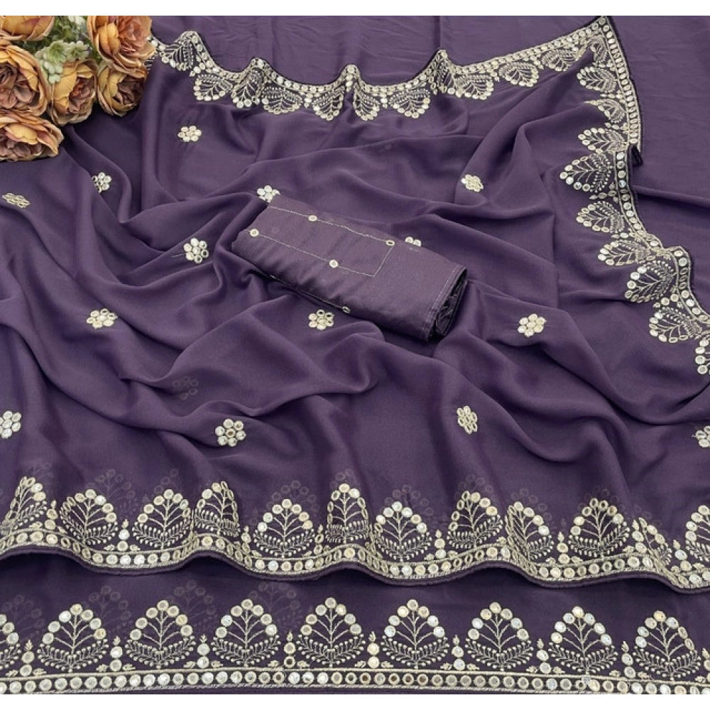 Generic Women's Georgette Embellished Saree With Unstitched Blouse 5.5Mtr (Levander)