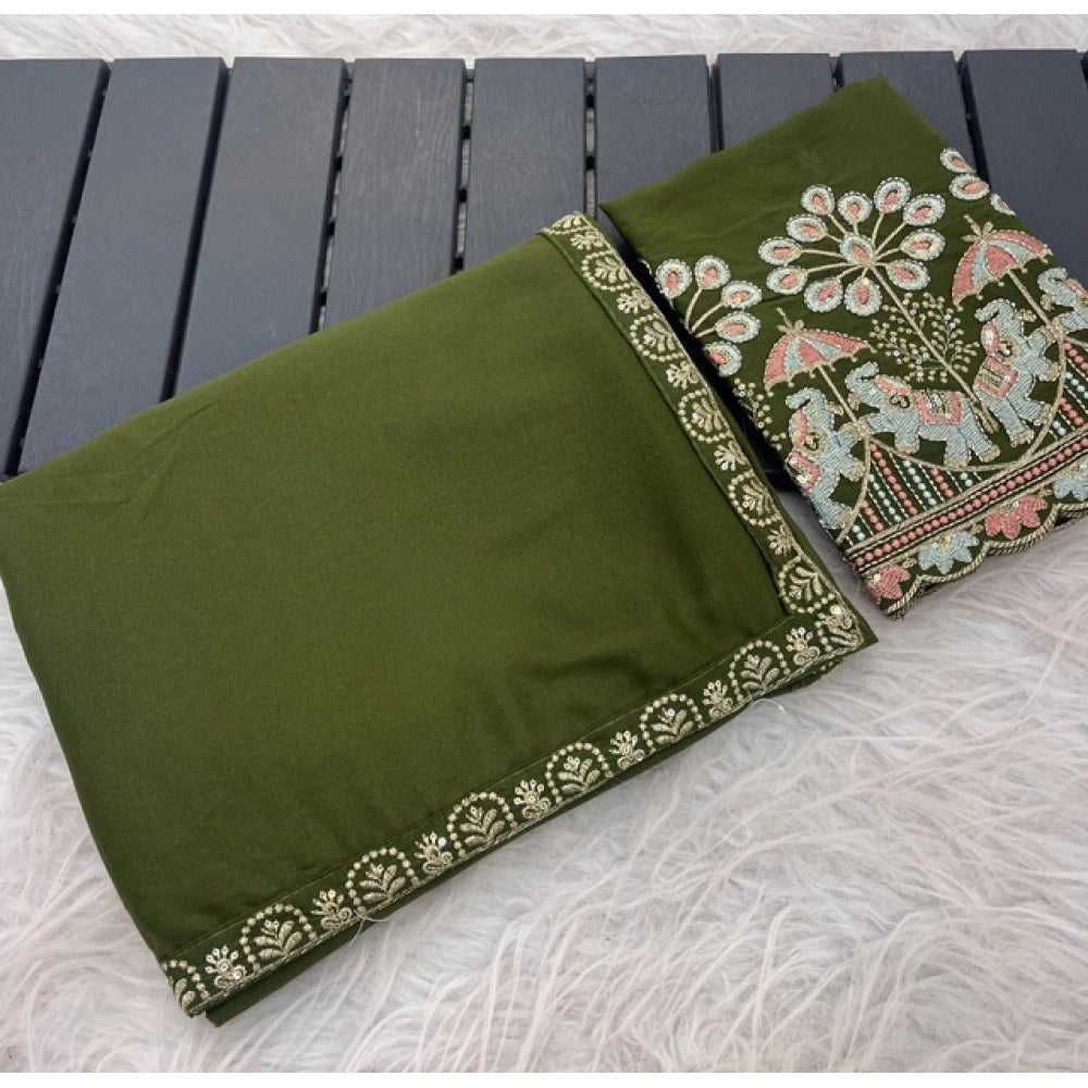 Generic Women's Art Silk Embroidered Saree With Unstitched Blouse 5.5Mtr (Green)