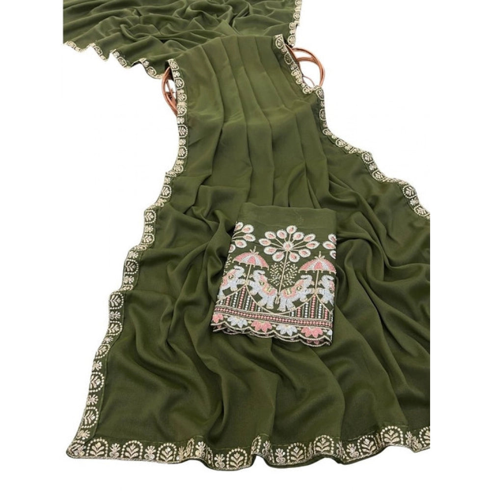 Generic Women's Art Silk Embroidered Saree With Unstitched Blouse 5.5Mtr (Green)