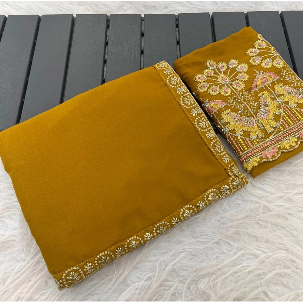 Generic Women's Art Silk Embroidered Saree With Unstitched Blouse 5.5Mtr (Yellow)