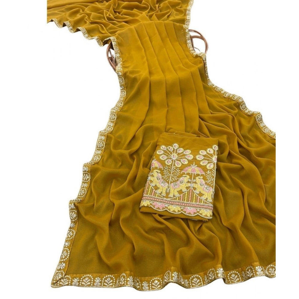 Generic Women's Art Silk Embroidered Saree With Unstitched Blouse 5.5Mtr (Yellow)