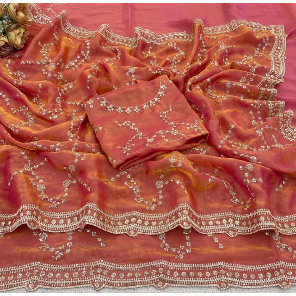 Generic Women's Silk Embellished Saree With Unstitched Blouse 5.5Mtr (Orange)